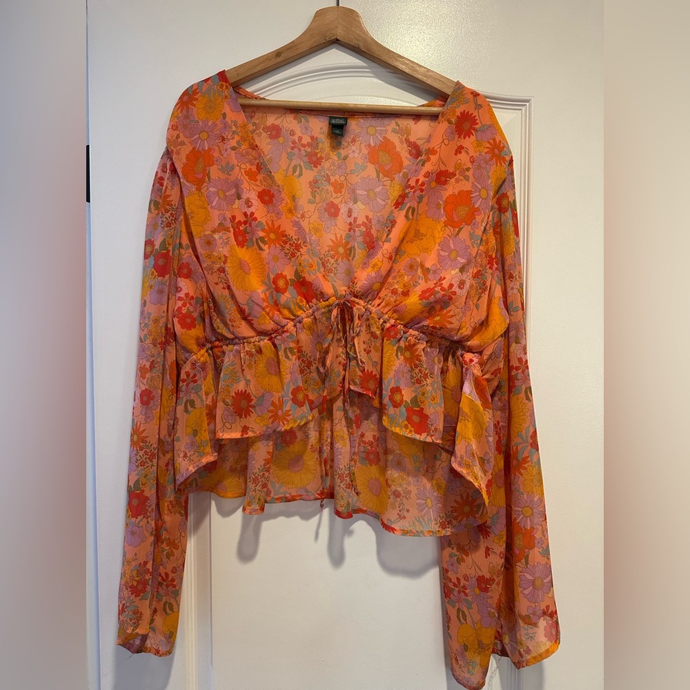 Wild Fable Bell-sleeved Sheer Floral Top